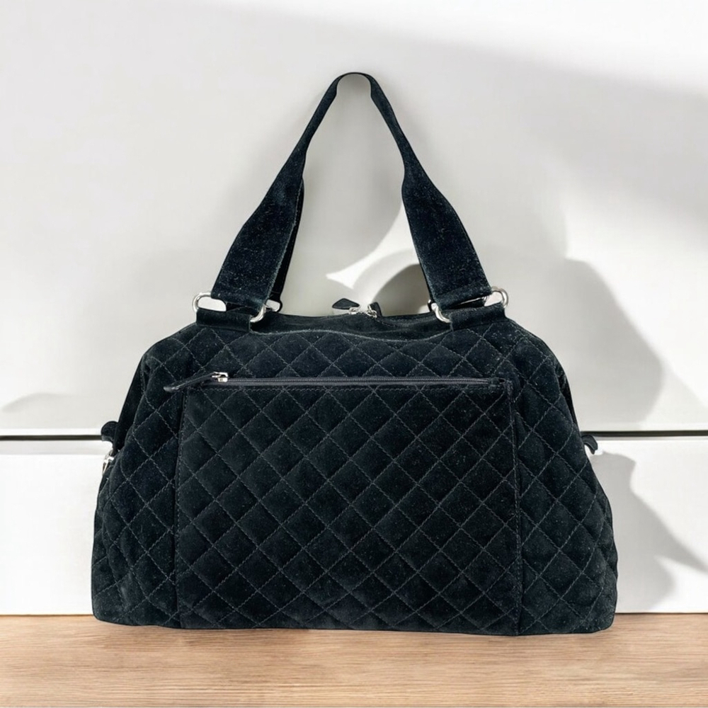 Levenger Black Suede Quilted Duffle Shoulder Bag